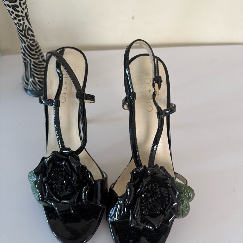 Poletto Black Stiletto Heels with Floral Detail 6 Used Once (like new) see pics - Picture 3 of 10